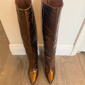 Paris Texas Bronze Block Heel Croc-Embossed Heeled Boots